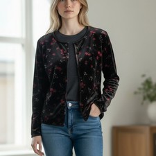VTG Y2K Black Velour Velvet Cardigan Sz PM Petite M Floral Stretchy Whimsigoth