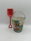 VTG Ohio Art Tin Litho Sand Pail Fishing Scene "How to Fish" w/ Plastic Shovel