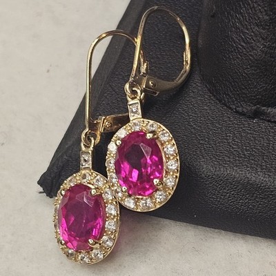 10K Gold Lab-Created Rubin & White Sapphire Halo Ohrhänger Oval Leverback