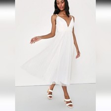 Lulus Sweet Goddess White Mesh Pleated Midi Dress Sleeveless Knit Liner Size SM