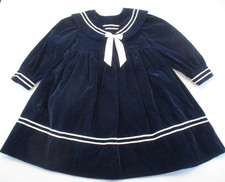Vtg NAVY BLUE Velvet Dress 4T Sailor Collar L/S Bows White Trim U.S.A. Flaw