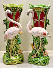 Coppia di piccoli piedistalli figurativi in maiolica francese H:11,3"