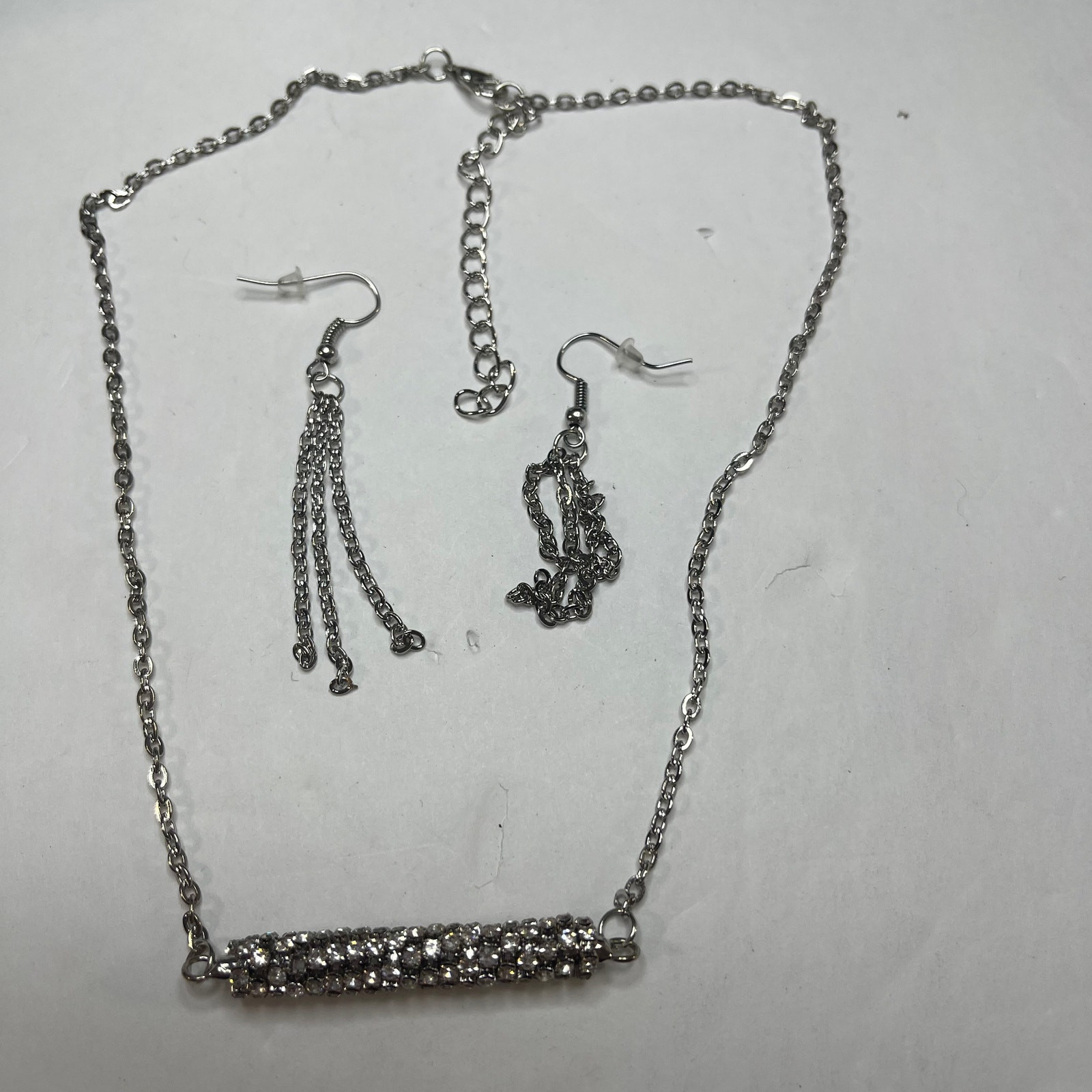 Silver-Tone Chain Link Necklace with Barrel Pendant & Matching Earrings-image