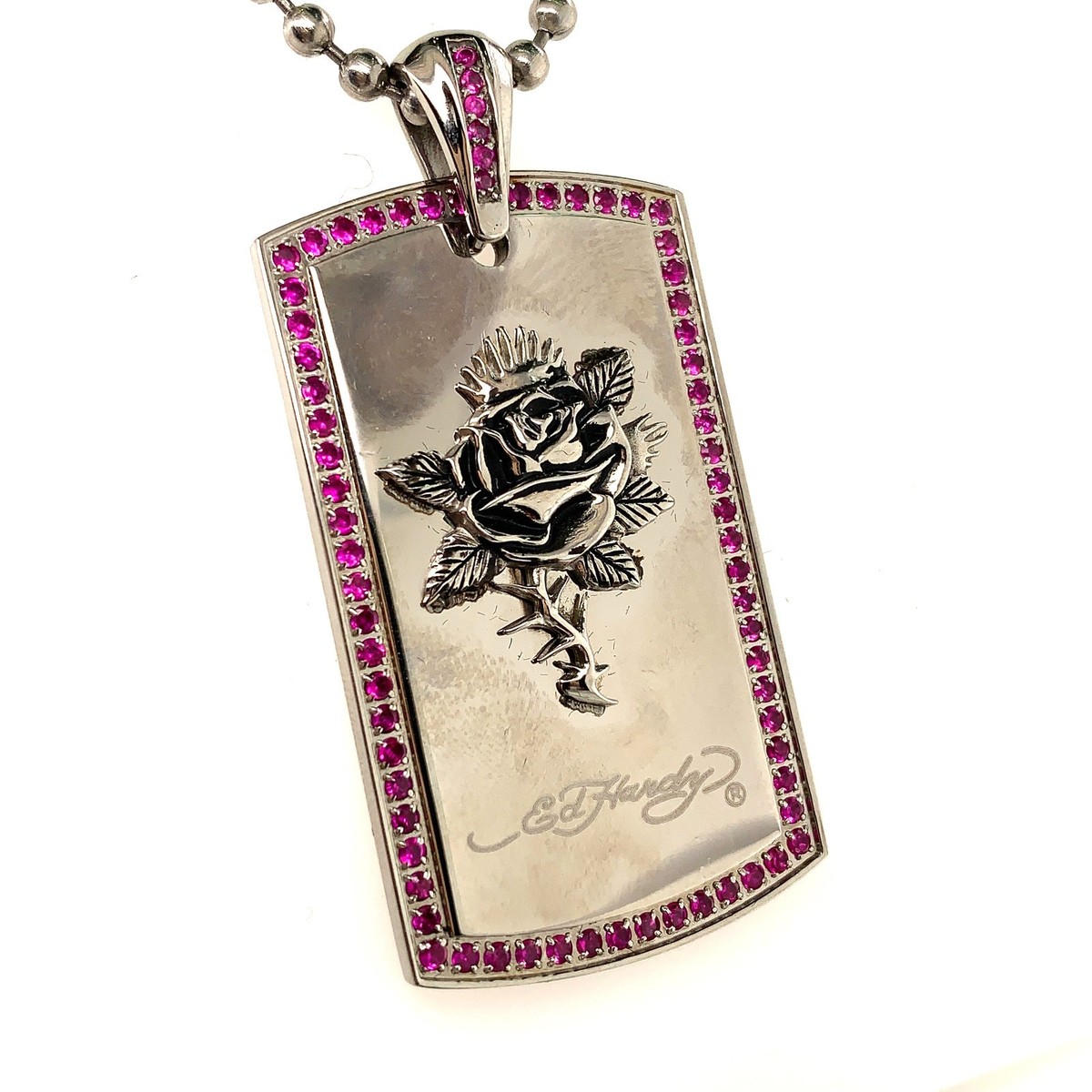 ED HARDY ネックレス ROSE/LKS CHARM NECKL Ed Hardy Rose Dog Tag Necklace Pink Crystal Border 24” Chain