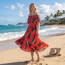 Old Navy Off Shoulder Floral Midi Dress L Coral Bold Tropical Resortwear Cruise