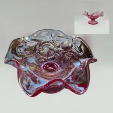 Fenton Art Glass Dusty Rose Strawberry Pattern Pedestaled Ruffle Mini Dish Bowl