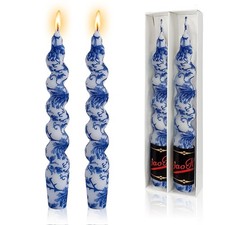 2 PCS Floral Taper Candles 7.5 Inch Spiral Hand Printed Blue White Twisted
