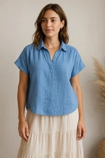 Style & Co Blue Gauze Slub Knit Blouse Women’s PL | Boho Peasant Top Cottegecore