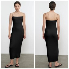 ENZA COSTA Silk Knit Essential Strappy Dress Women Small Black Maxi Long LBD NEW