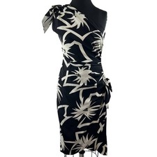 VINTAGE Black White Floral One Shoulder Knee Length Bodycon Bow Dress 2 4 VTG
