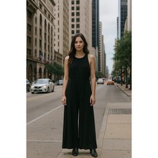 BCBG Maxazria Ellabeth Jumpsuit Womens 4 Black Cut Out Wide Leg Classic Neutral