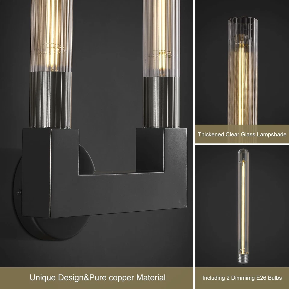 Modern Black Wall Sconces,19 Inch Double Bathroom Wall Sconce with Clear Glas... - Image 4 of 4