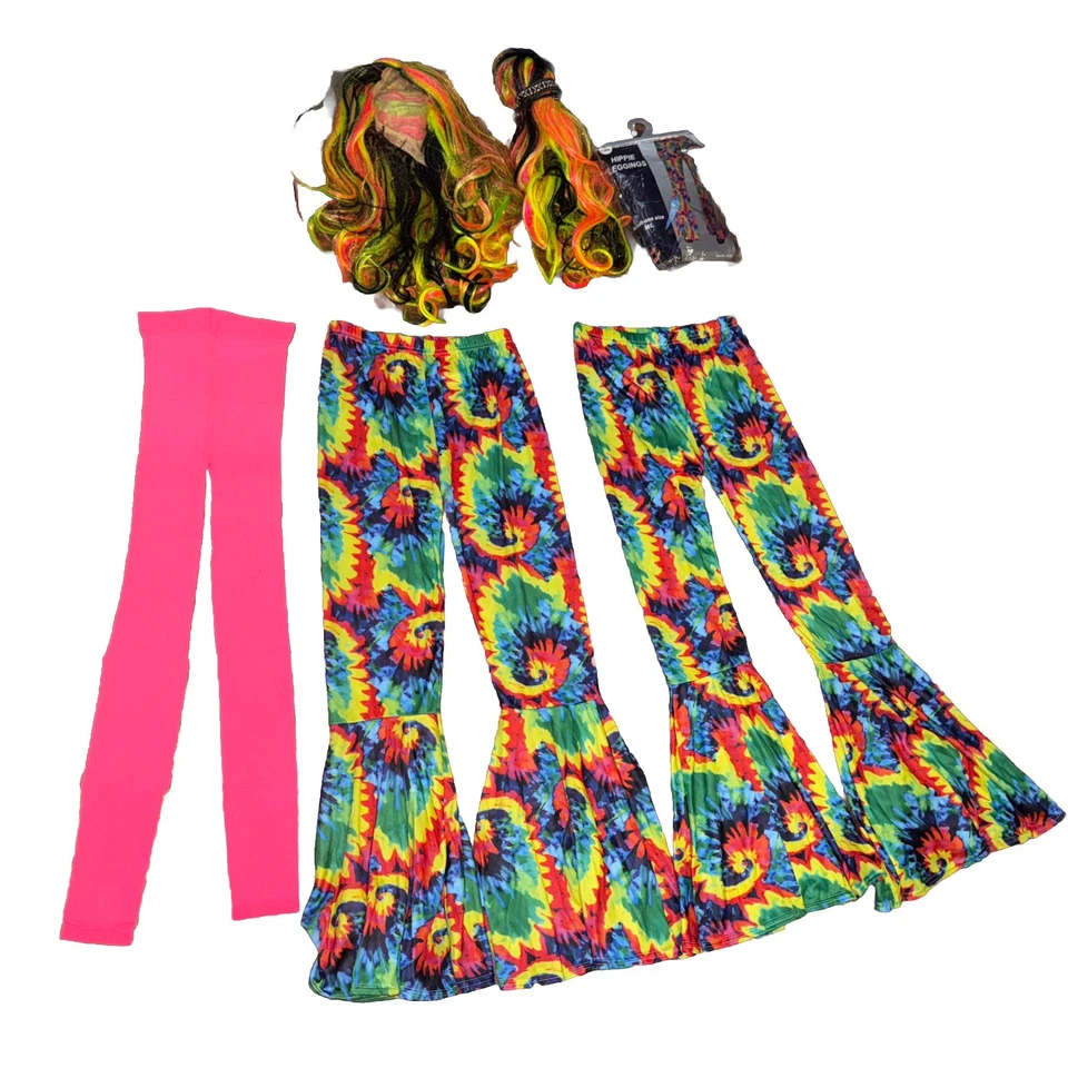 2 Bell Bottom Flare Stretch tie dye Hippie Pants Legging/2 wigs/pink legging - Image 2 of 4