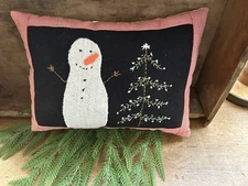 Primitive Stitchery Snow Man Pillow  Christmas Winter