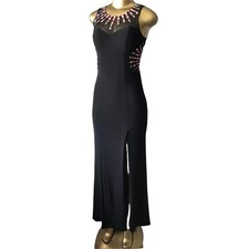 Blondie Nites Womens 1 Black Beaded Mesh Maxi Dress Prom Evening Slit Formal