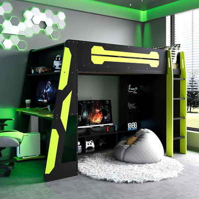 Twin Gaming Loft Bed with Desk, Shelves & Safety Guardrail - Space Saver