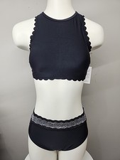 NWT Cupshe Two Piece Swimsuit Size Small T Black W Silver Band -Halter Top