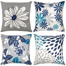 Blue Decorative Throw Pillow Covers 18x18 Set of 4, Blue and Grey Modern Dais...