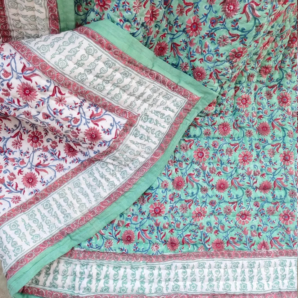 Colcha edredón reversible estampado bloque manta hecha a mano edredón floral Foto 2 de 4