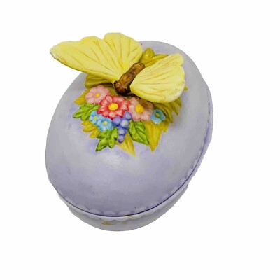 EASTER EGG Trinket Box Painted Purple Ceramic w/ Butterfly & Flowers Lid VINTAGE