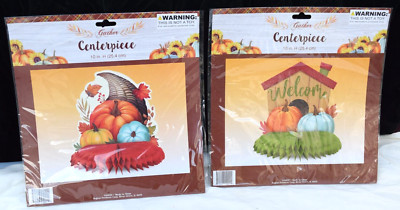 Lot of 2 Cornucopia Welcome Thanksgiving Harvest Paper Honeycomb Centerpiece 10''