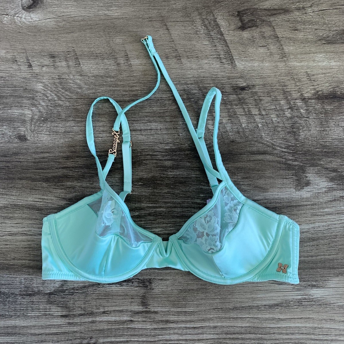 New Savage X Fenty Satin Lace Gold Logo Double Strap Halter Bra Aqua Size  34 B