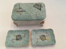 Mid Century Modern 1960’s Pebbled Ceramic Cigarette Box W Two Matching Ashtrays