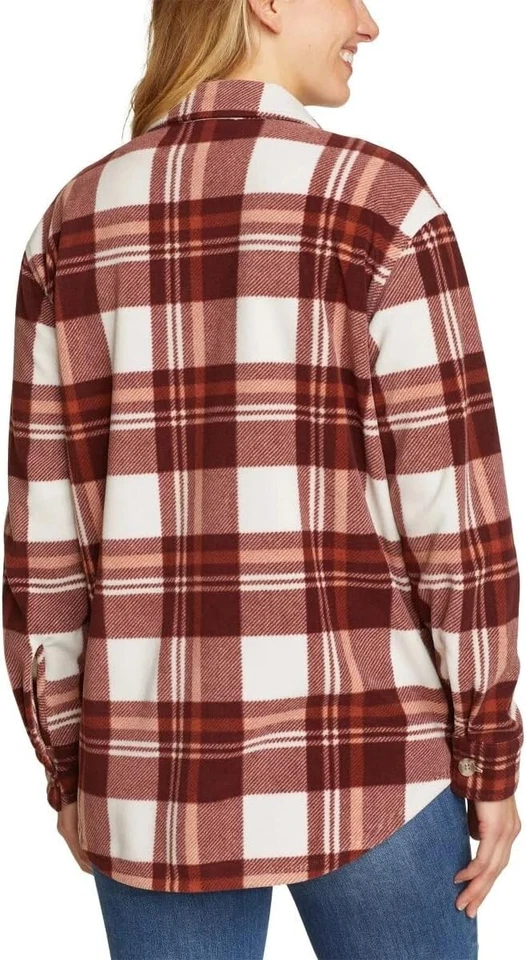 NUEVO CON ETIQUETAS Eddie Bauer Mujer Microfleece Camisa Chaqueta Marrón Cuadros Talla M $75 H313 Foto 3 de 4