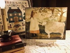 Primitive Folk Art Girl with Sheep PLAQUE / SIGN