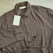 Everlane The City Stripe Draped Shirt Dress Black Brown Belted Large Button NWT