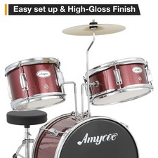 3-Piece Kids Drum Set w/Cymbal, Bass Drum, Pedal Stool, Beginner