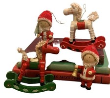 Vintage Wooden Rocking Horses Snowman Ornaments Set