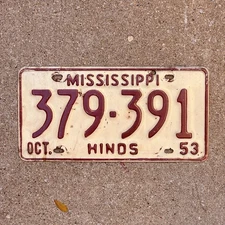 1953 Mississippi License Plate Auto Tag Garage Decor Hinds County 379 391