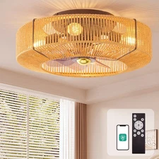 Ceiling Fans with Lights,Rattan Flush Mount Boho Ceiling Fans with Lights and...