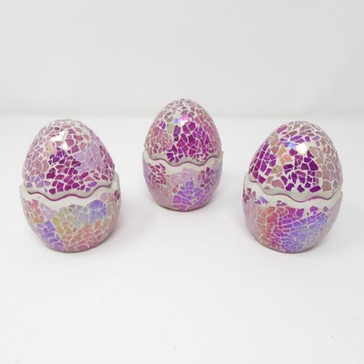 Valerie Parr Hill Purple Mosaic Crackle Cracked Glass Eggs Set of 3 QVC 4'' Tall