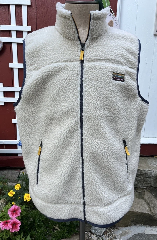 NWT LL Bean Mountain Pile Sherpa Fleece Vest Men's Size XXL Natural Blue Trim - Image 2 of 4
