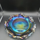 Vintage Indiana Glass Bowl Windsor Iridescent Blue Carnival 10" Round Crimped