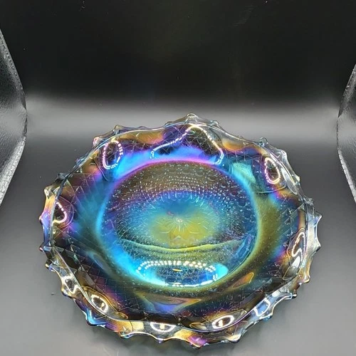 Vintage Indiana Glass Bowl Windsor Iridescent Blue Carnival 10" Round Crimped