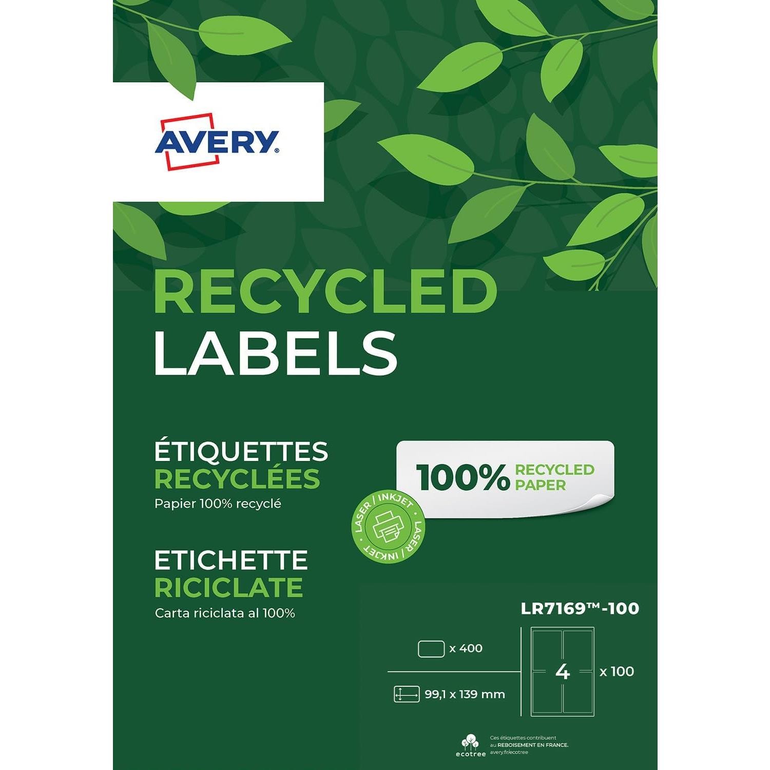 Avery LR7169-100 étiquettes adresse laser recyclées blanc pour imprimer sans bourrage