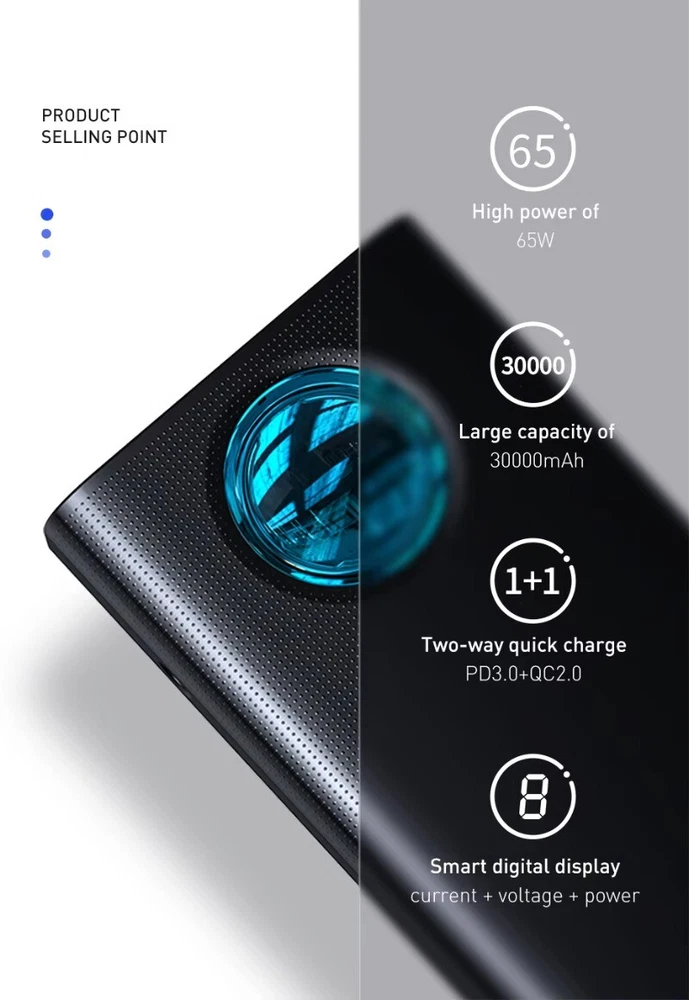 65W 30000mAh PD3.0 Fast Charging Power Bank with FCP SCP Compact Portable External Battery 65W 30000mAh PD3.0 Fast Charging Power Bank with FCP SCP Compact Portable External Battery