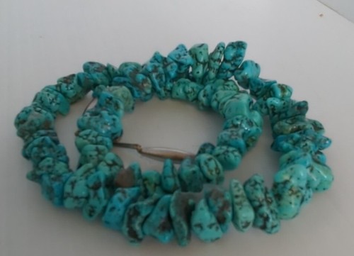 Vintage Santo Domingo Large Nuggets Kingman Turquoise Necklace Sterl Clasp 24" - Picture 2 of 7