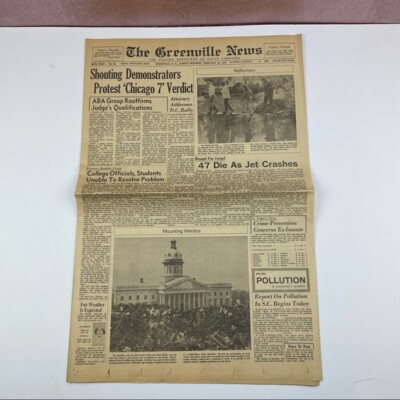 Vintage The Greenville News Newspaper February 22, 1970 Chicago 7 Protest
