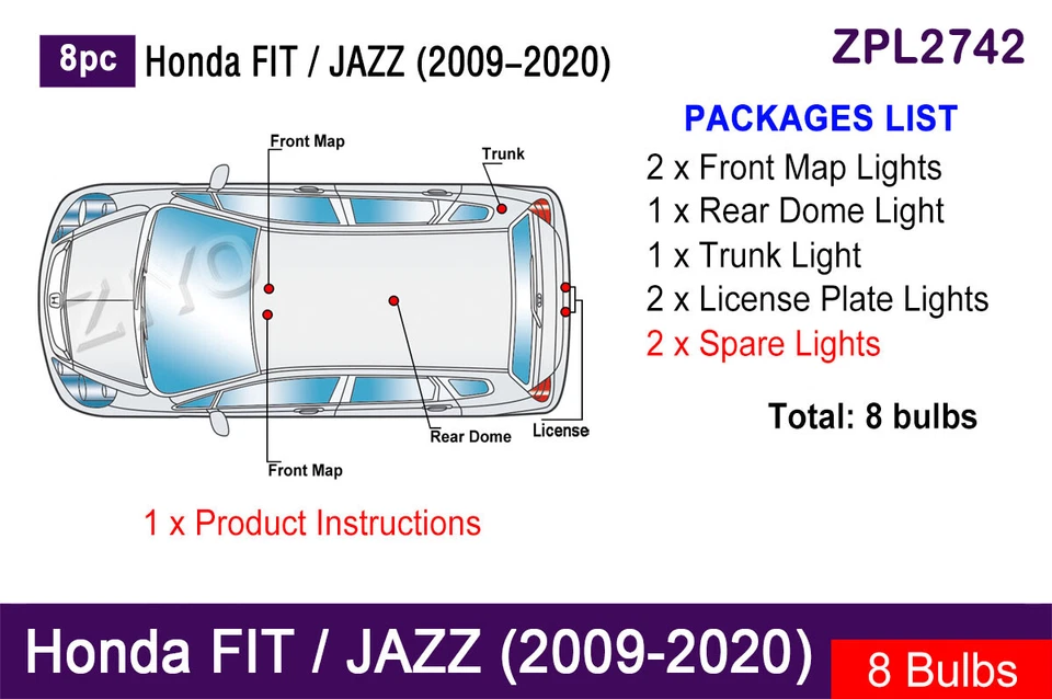 Actualización de luz interior LED de 8 piezas para bombillas blancas Honda FIT / JAZZ 2009-2020 Foto 2 de 4