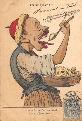 Old postcard illustrator sign chagny after sunset allah bono bezef