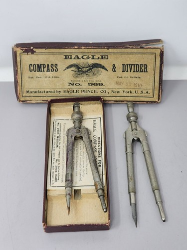 Antique Eagle Compass Original Box Instructions Eagle Pencil Co. Ink Tip Compass