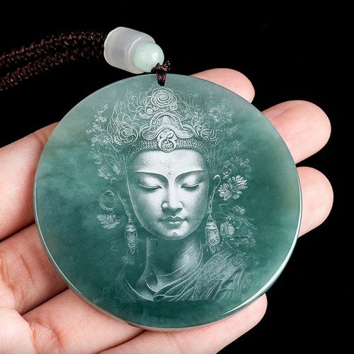 Men Women Natural Grade A Jade Jadeite Lucky Carved Guanyin Buddha Round Pendant - Picture 6 of 13