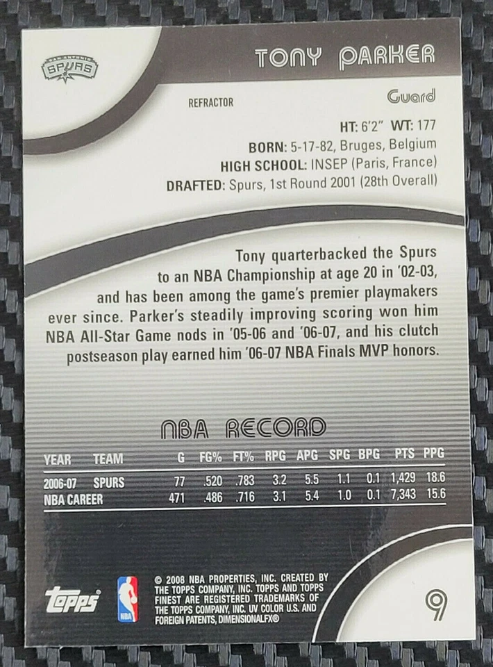2007-08 TOPPS FINEST TONY PARKER  REFRACTOR SPURS - Image 2 of 2