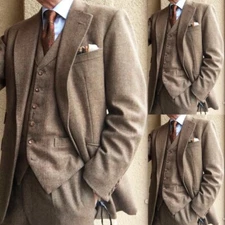 Wool Brown Men's Suit Formal Business Wedding Groom Tuxedo Winter Casual 3 Piece