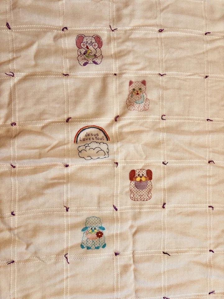 Handmade Baby Crib Blanket Cross Stitch Fleece Pink/White 50”x31” - Image 3 of 4