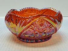 L.E. Smith Hobstar And Daisy Iridescent Amber Carnival Glass Bowl